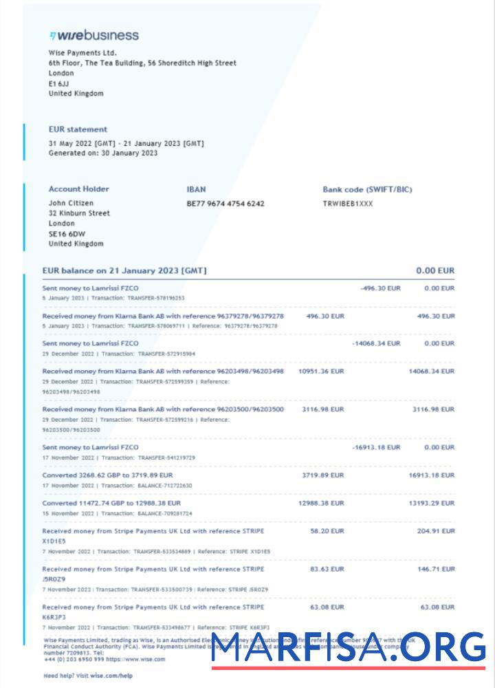 Downloadable United Kingdom Wise Business bank statement word sample